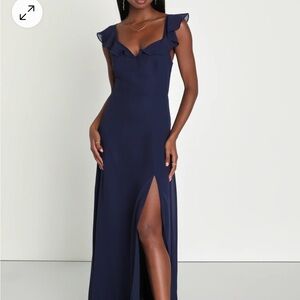 Lulu’s Sweetest Entrance Navy Ruffled Tie-Back Maxi Dress - sizes L and XL - NWT